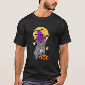 T-shirt Bleu Français Bulldog sorcière Halloween Costume C