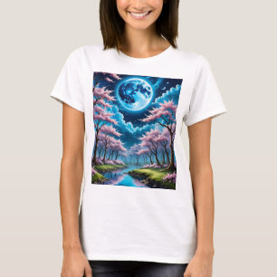 T-shirt Bleu Lune Imaginaire Enchantée Cerisier Fleur Tee