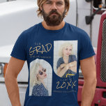 T-shirt Bleu Marine 2 Arché Photo Graduation<br><div class="desc">Tshirt de graduation simple et moderne, avec 2 photos voûtées, sur un arrière - plan bleu marine, avec le texte modèle en or qui dit "NOTRE GRAD, LEUR NOM, CLASSE DE ET LEUR ÉCOLE, UNIVERSITÉ OU COLLÈGE". Les styles de police et la couleur arrière - plan peuvent être modifiés en...</div>
