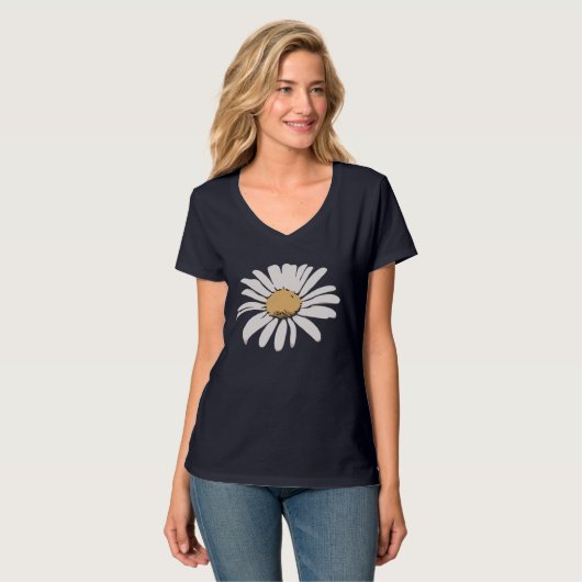 T-shirt bleu marine marguerite florale V-Neck (Devant entier)