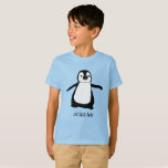 T-shirt Bleu personnalisé pingouin mignon illustration Fil<br><div class="desc">Amusant et sucré,  personnalisez ce t-shirt fille de pingouin mignon avec son nom. Avec mon illustration de pingouin en noir et blanc sur un t-shirt bleu.</div>