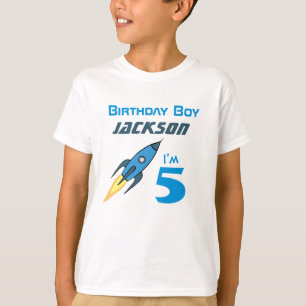 T-shirt Bleu Retro Rocket Ship Personnalisé Birthday Boy
