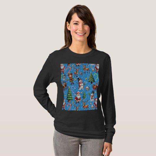 T-shirt Blue Background Christmas Decorative Pattern (Devant entier)