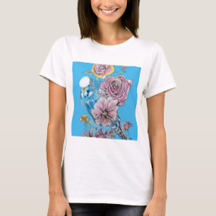 T-shirt Blue Budgie Budgerigar Rose aquarelle art floral