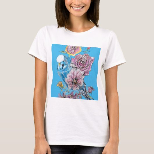 T-shirt Blue Budgie Budgerigar Rose aquarelle art floral (Devant)