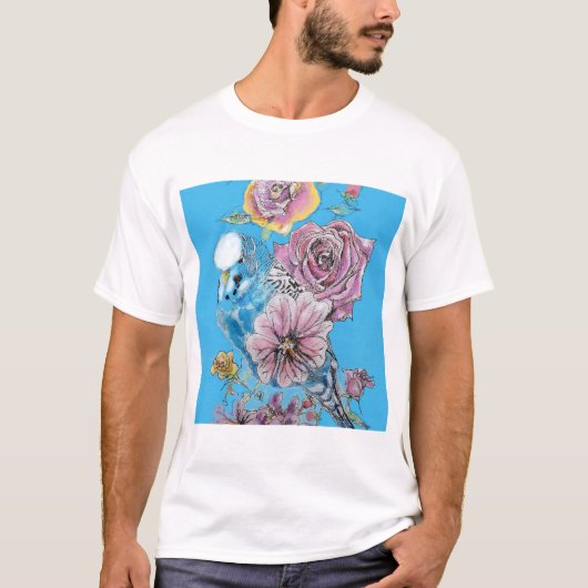 T-shirt Blue Budgie Budgerigar Rose aquarelle art floral (Devant)