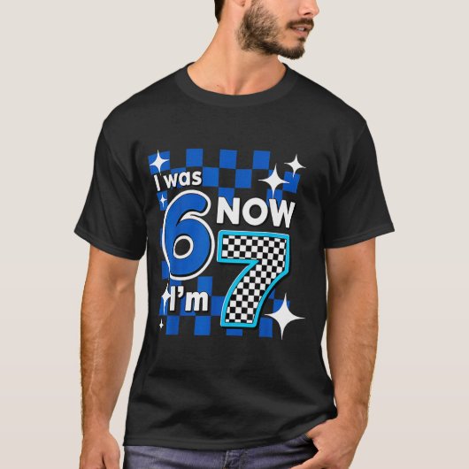 T-shirt Blue Checkered I Was 6 Now I'm 7 Birthday  (Devant)