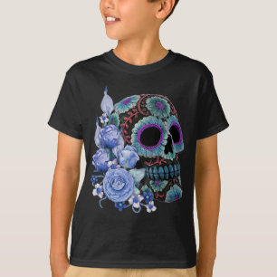 T-shirt Blue Floral Black Sugar Skull Jour des morts