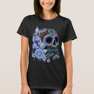T-shirt Blue Floral Black Sugar Skull Jour des morts