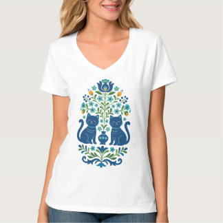 T-shirt Blue Folk Art Cats – Whimsical Floral Cat Design i