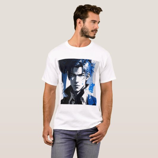 T-shirt Blue Gaze – Stylized Portrait in Paint and Motion (Devant entier)