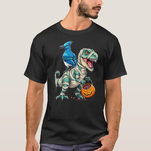 T-shirt Blue Jay Riding Mummy T-Rex Dinosaur Halloween (Devant)