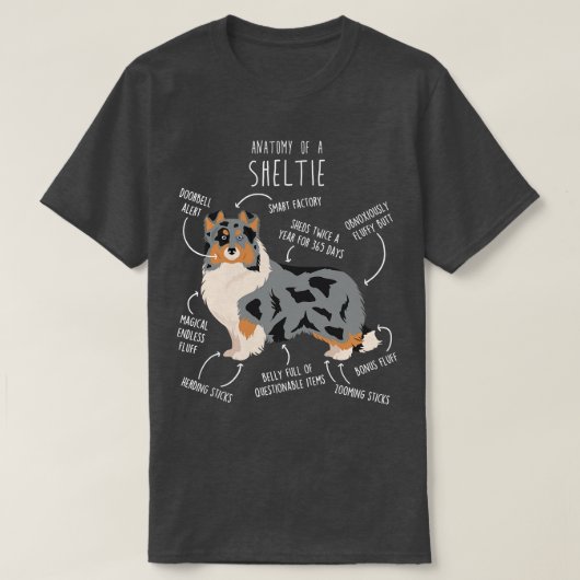 T-shirt Blue Merle Sheltie Shetland Sheepdog Anatomie 2 (Design devant)