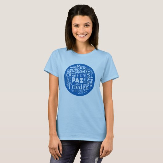 T shirt Blue Multi Language Peace ontwerp. (Voorkant volledig)