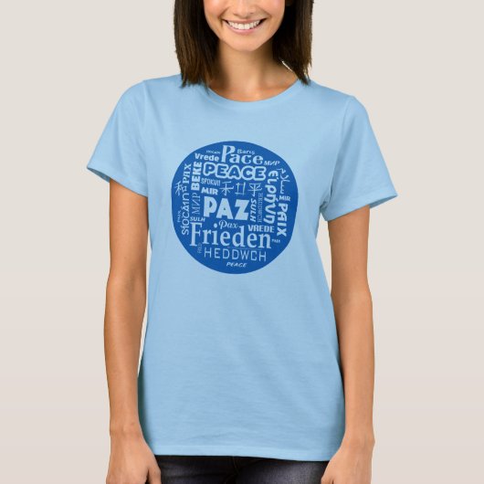 T shirt Blue Multi Language Peace ontwerp. (Voorkant)
