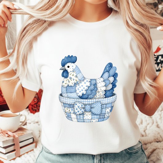 T-shirt Blue Patchwork Easter Chicken Gingham Floral