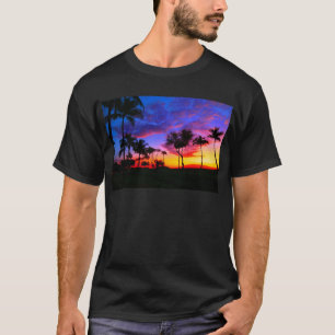 T-shirt Blue Red Sunset Exotic Hawaiian Beach Palm Trees