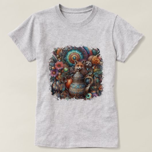 T-shirt Boho Fox Raccoon Floral Design (Design devant)