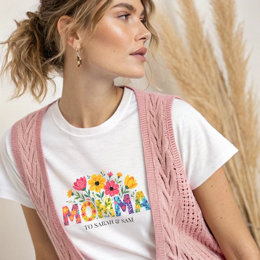 T-shirt Boho Mama Texte avec Fleurs et Noms d'Enfants