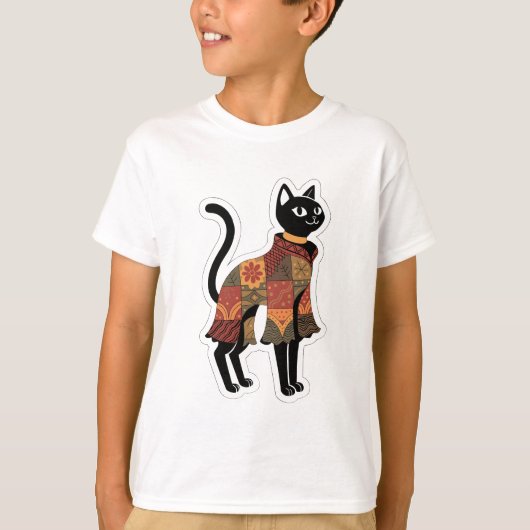 T-shirt Boho Patchwork Tee Graphique Chat Noir (Devant)