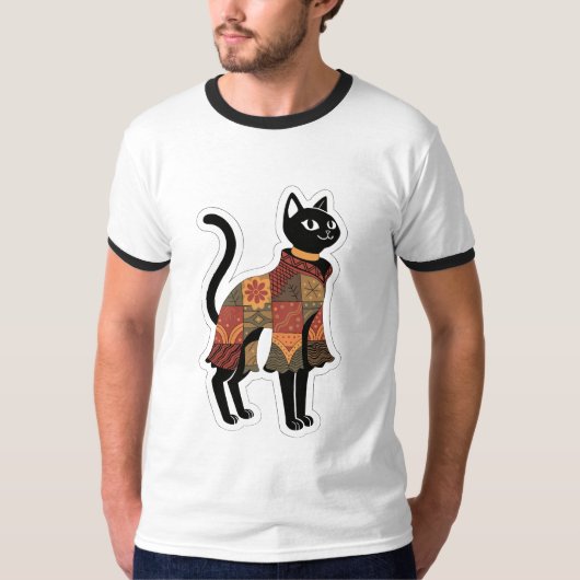 T-shirt Boho Patchwork Tee Graphique Chat Noir (Devant)