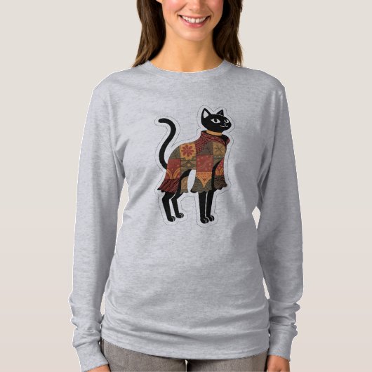 T-shirt Boho Patchwork Tee Graphique Chat Noir (Devant)
