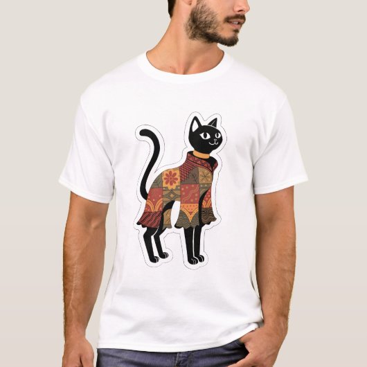 T-shirt Boho Patchwork Tee Graphique Chat Noir (Devant)