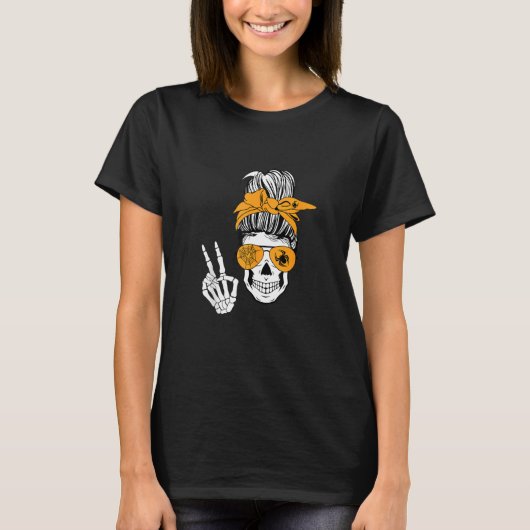 T-shirt Boho Skeleton Messy Bun Bandana Halloween Appareil (Devant)