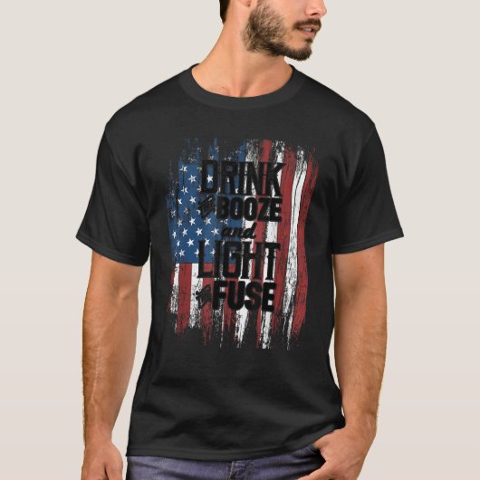 T-shirt Boire Booze Light Fuse American Flag 4 juillet Biè (Devant)