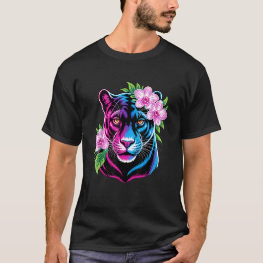 T-shirt Bold Panther with Pink Flowers  (Devant)