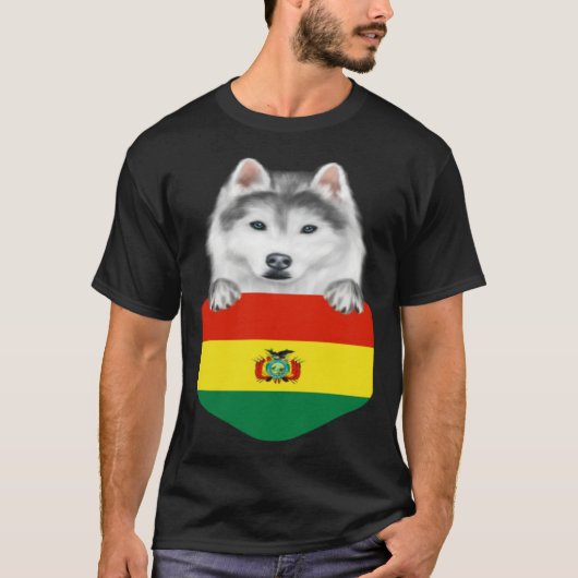 T-shirt Bolivia Flag Siberian Husky Dog In Pocket (Devant)