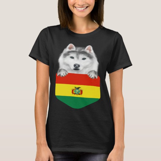 T-shirt Bolivia Flag Siberian Husky Dog In Pocket (Devant)