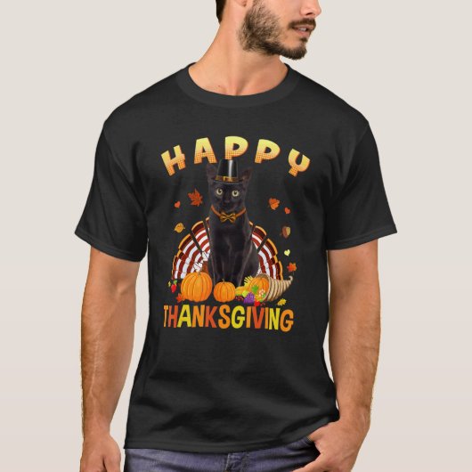 T-shirt Bon thanksgiving noir Chat Turquie Casquette pèler (Devant)