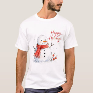 T-shirt Bonhomme de neige à l'aquarelle avec écharpe rouge