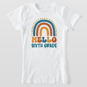 T-Shirt Bonjour 6e année style rétro boho arc-en-ciel