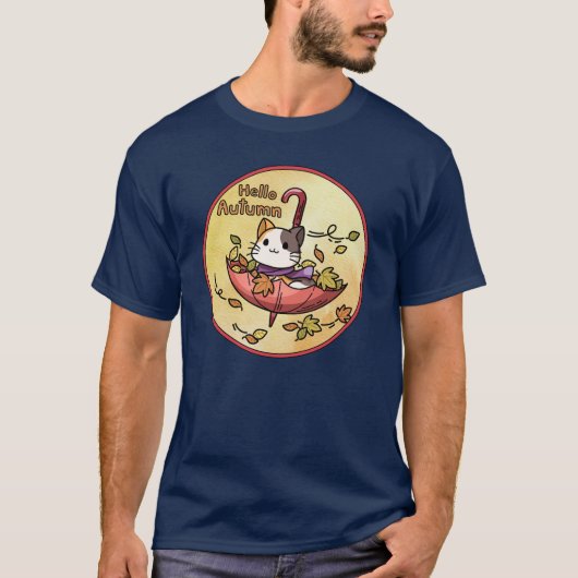 T-shirt Bonjour Automne, Chat mignon assis dans un paraplu (Devant)