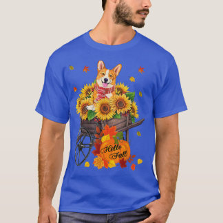 T-shirt Bonjour Automne Corgi Chien Dans Sunflower Feuille