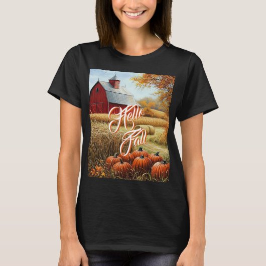 T-shirt Bonjour Automne Thanksgiving Rural Grange Citrouil (Devant)