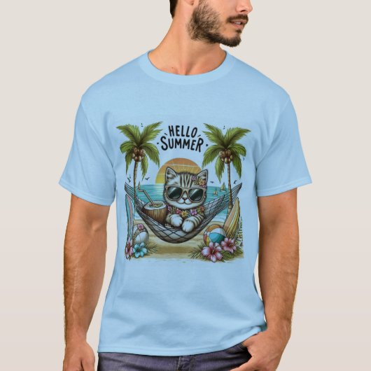 T-shirt Bonjour Chat de Plage d'Été (Devant)