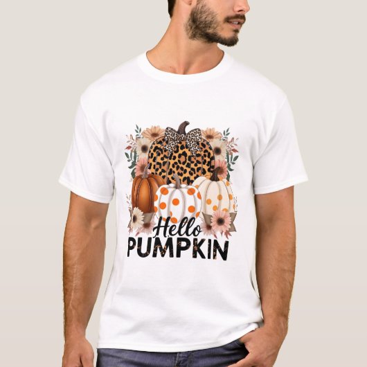 T-shirt Bonjour Citrouille Png, Boho Floral Fall Leopard (Devant)