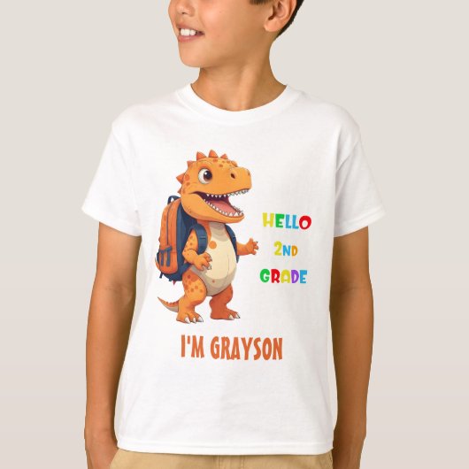 T-shirt Bonjour Dinosaur de 2ème année avec le nom à l'éco (Devant)