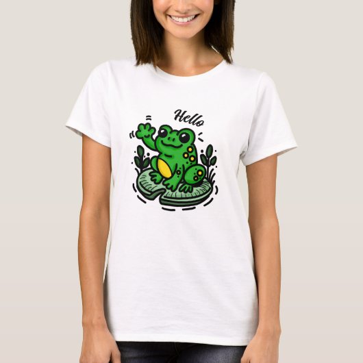 T-shirt Bonjour  | Grenouille sur la main Lily Pad tirée (Devant)