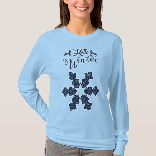 T-shirt Bonjour Vacances d'hiver Blue Snowflake Motif (Devant)