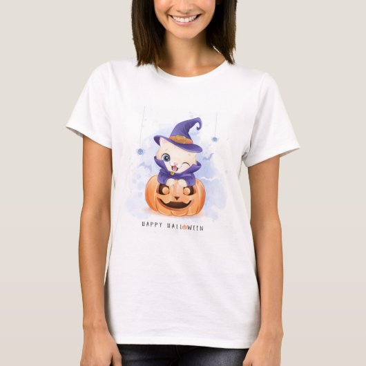 T-shirt Bonne Halloween jolie sorcière Kitty (Devant)