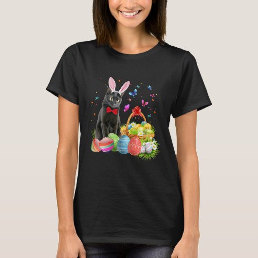 T-shirt Bonne Pâques avec Joli lapin noir Panier oeufs de  (Devant)