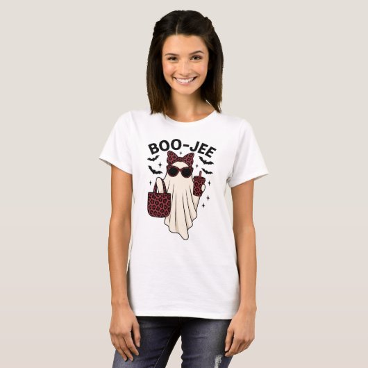 T-shirt Boo-Jee Funny Halloween Ghost avec Glam Leopard Pr (Devant entier)