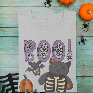 T-shirt Boo ! Patchwork squelette chat et chaume Halloween