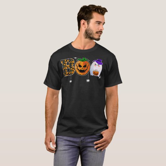 T-shirt Boo With Spiders Ghost Pumpkin And Witch Hat Hallo (Devant entier)
