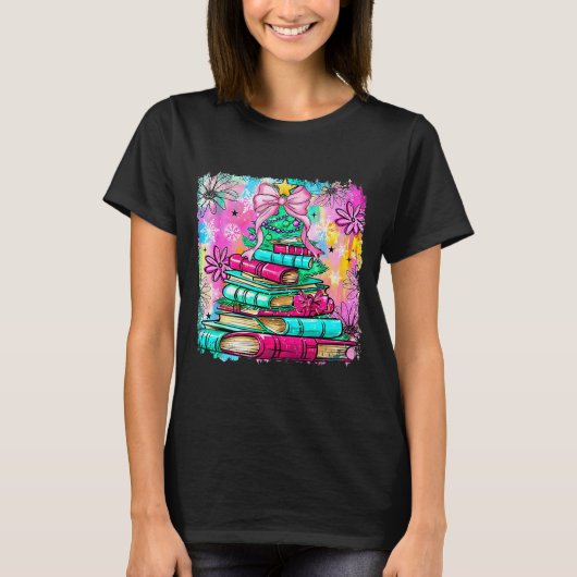 T-shirt Book Christmas Tree Lights Teacher Librarian Book (Devant)