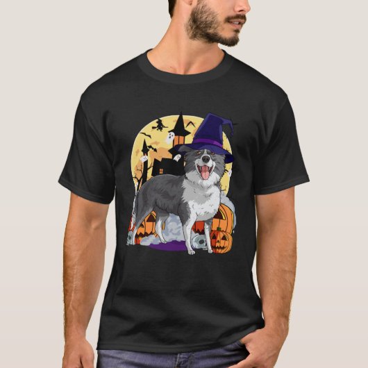 T-shirt Border Collie Cute Dog Halloween Witch Pumpkin (Devant)